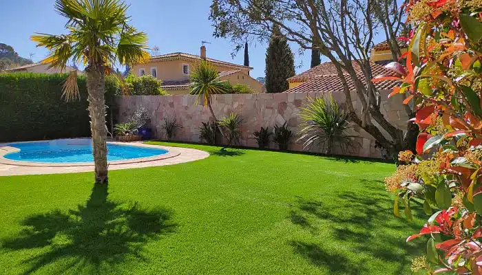 Espace piscine dans un jardin avec palmiers et pelouse artificielle