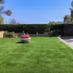Gazon synthétique dans un jardin à côté d'une piscine avec muret en pierre